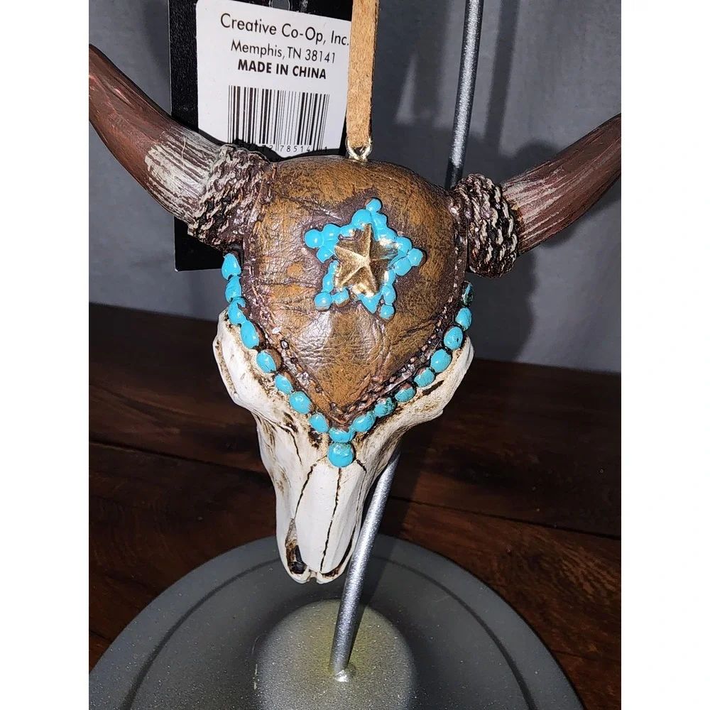 Bull‎ Ornament Resin Skull Brown and Turquoise